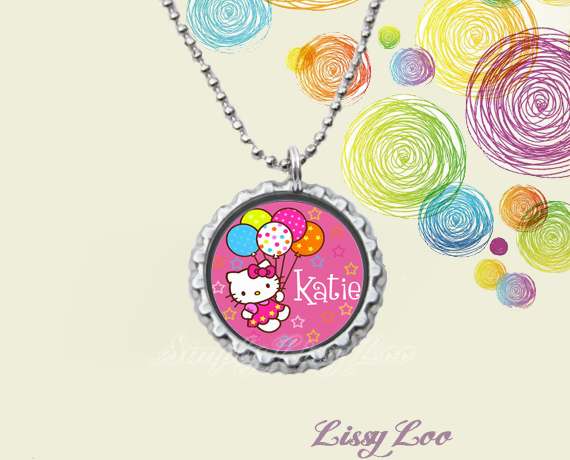 Personalized Kitty Birthday Party Bottle Cap Necklace