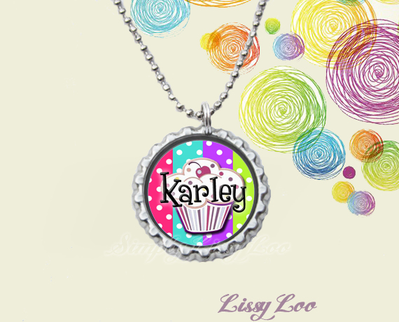 Personalized Colorful Dots Cupcake Bottle Cap Necklace