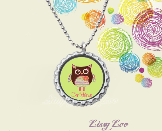 Peace Owl Personalized Bottle Cap Necklace