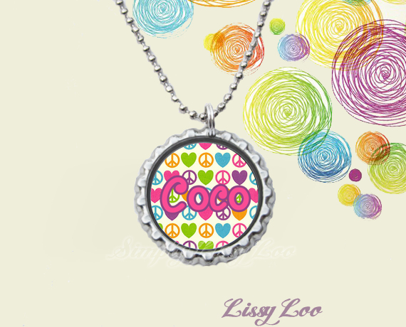 Peace Sign And Hearts Personalized Bottle Cap Necklace